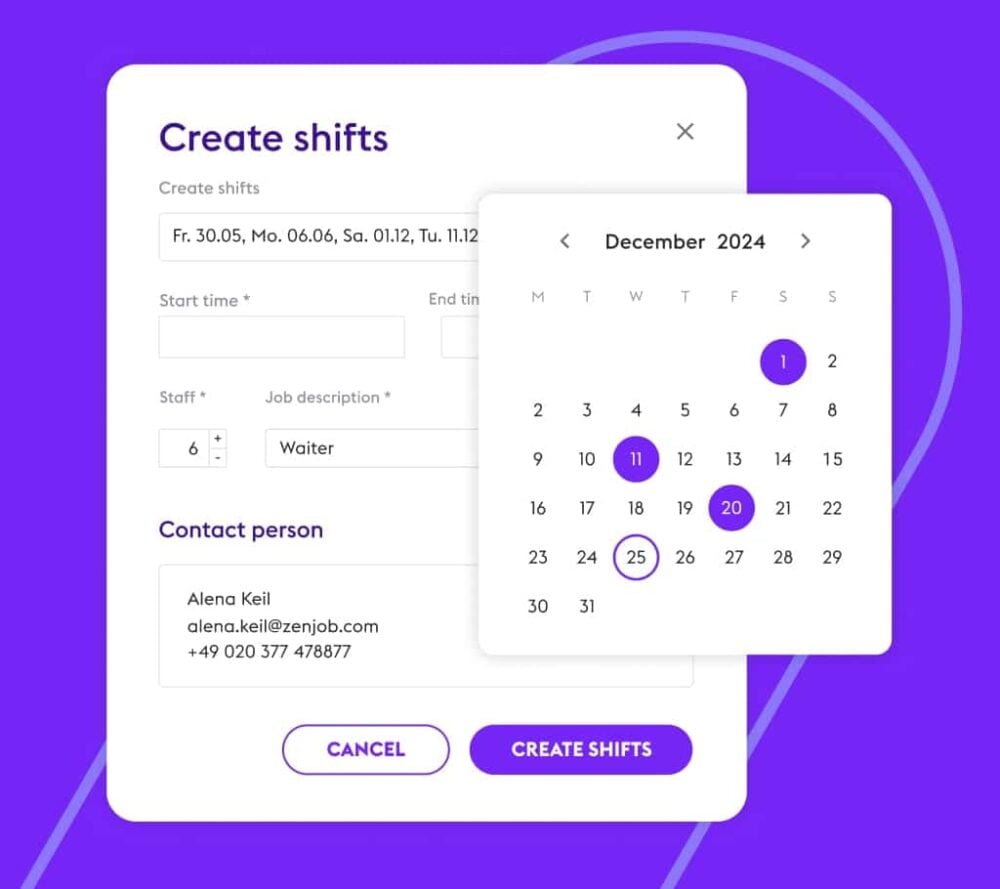 This image shows how you can create shifts in the Zenjob booking platform.